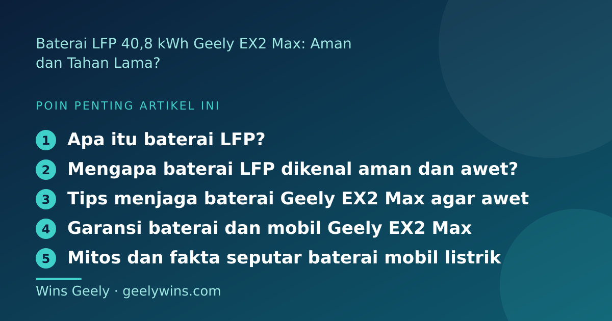 Ilustrasi poin penting: Baterai LFP 40,8 kWh Geely EX2 Max: Aman dan Tahan Lama?