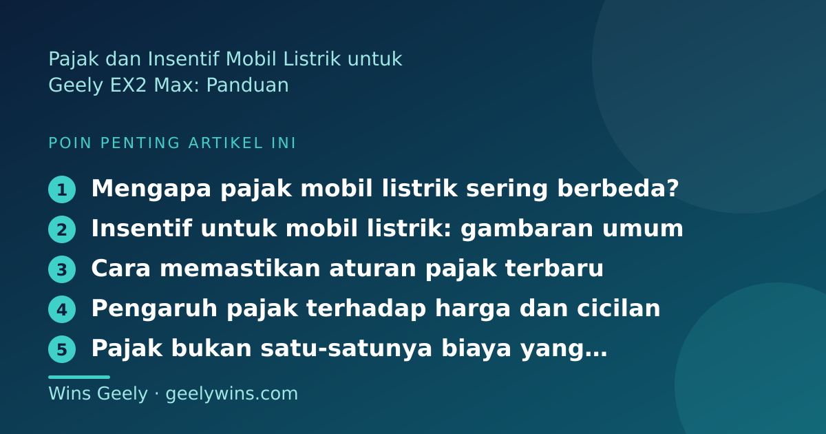 Ilustrasi poin penting: Pajak dan Insentif Mobil Listrik untuk Geely EX2 Max: Panduan