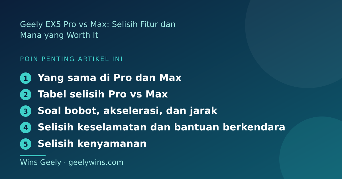 Ilustrasi poin penting: Geely EX5 Pro vs Max: Selisih Fitur dan Mana yang Worth It