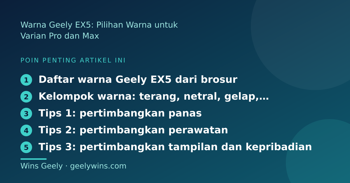 Ilustrasi poin penting: Warna Geely EX5: Pilihan Warna untuk Varian Pro dan Max