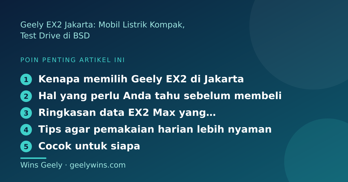 Ilustrasi poin penting: Geely EX2 Jakarta: Mobil Listrik Kompak, Test Drive di BSD