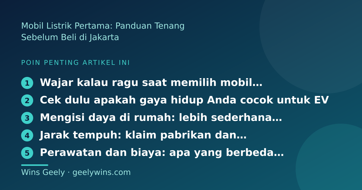 Ilustrasi poin penting: Mobil Listrik Pertama: Panduan Tenang Sebelum Beli di Jakarta